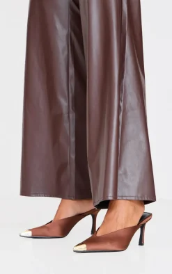 Chocolate Satin Gold Toe Cap Point Toe Heeled Mules