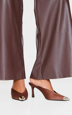 Chocolate Satin Gold Toe Cap Point Toe Heeled Mules