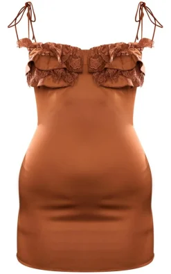 Chocolate Satin Lace Cup Detail Tie Shoulder Mini Dress