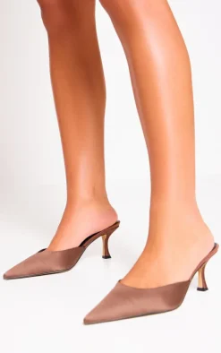 Chocolate Satin Point Toe Mid Stiletto Heeled Mules