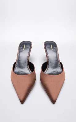 Chocolate Satin Point Toe Mid Stiletto Heeled Mules