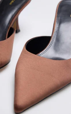Chocolate Satin Point Toe Mid Stiletto Heeled Mules