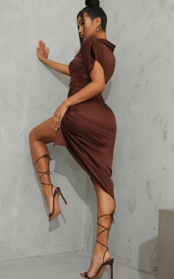 Chocolate Satin Short Sleeve Ruched Midaxi Dress