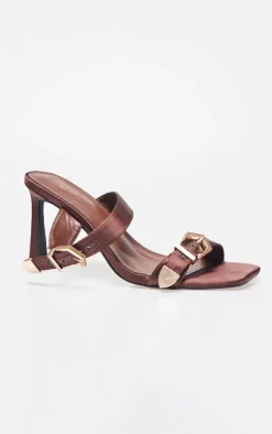 Chocolate Satin Wide Fit Square Toe Buckle Strap High Stiletto Heeled Mules