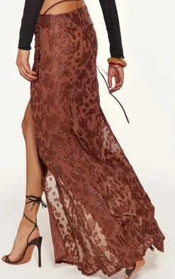 Chocolate Sheer Floral Applique Wrap Maxi Skirt