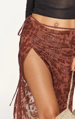 Chocolate Sheer Floral Applique Wrap Maxi Skirt