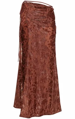 Chocolate Sheer Floral Applique Wrap Maxi Skirt