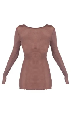 Chocolate Sheer Mesh Long Sleeve Cowl Back Mini Dress