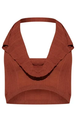 Chocolate Sheer Ribbed Knit Cowl Neck Halterneck Top