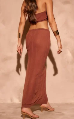 Chocolate Sheer Ribbed Knit Ruched Side Maxi Skirt