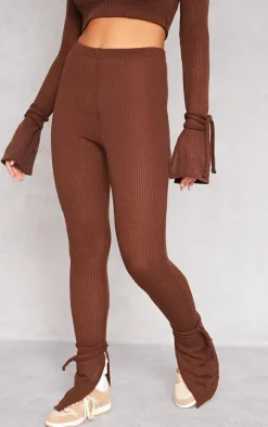 Chocolate Sheer Soft Rib Split Hem Tie Detail Leggings