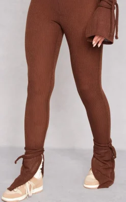 Chocolate Sheer Soft Rib Split Hem Tie Detail Leggings