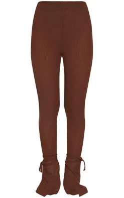 Chocolate Sheer Soft Rib Split Hem Tie Detail Leggings