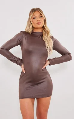 Chocolate Shiny Long Sleeve High Neck Mini Dress