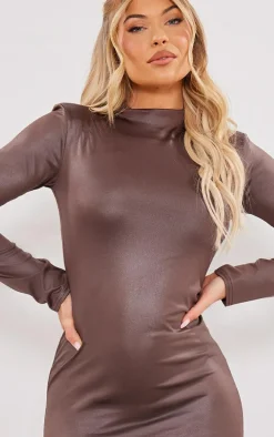 Chocolate Shiny Long Sleeve High Neck Mini Dress
