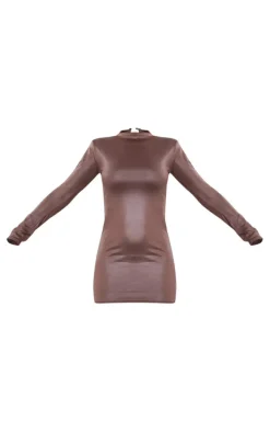 Chocolate Shiny Long Sleeve High Neck Mini Dress