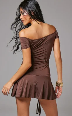 Chocolate Slinky Belt Detail Shift Dress