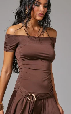 Chocolate Slinky Belt Detail Shift Dress