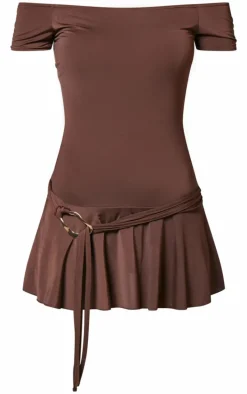Chocolate Slinky Belt Detail Shift Dress