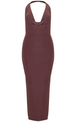 Chocolate Slinky Cowl Halterneck Maxi Dress