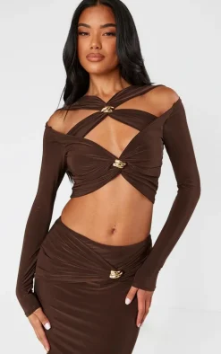 Chocolate Slinky Cut Out Long Sleeve Twist Trim Crop Top