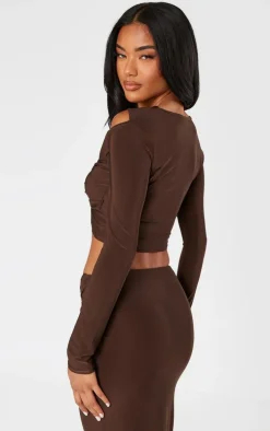 Chocolate Slinky Cut Out Long Sleeve Twist Trim Crop Top