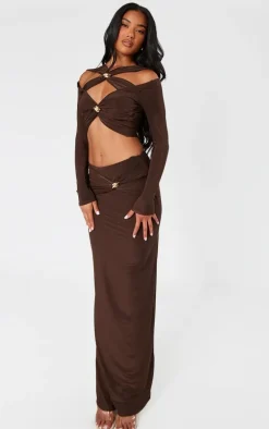 Chocolate Slinky Cut Out Long Sleeve Twist Trim Crop Top