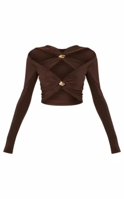 Chocolate Slinky Cut Out Long Sleeve Twist Trim Crop Top
