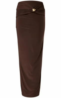 Chocolate Slinky Cut Out Twist Trim Mid Rise Maxi Skirt