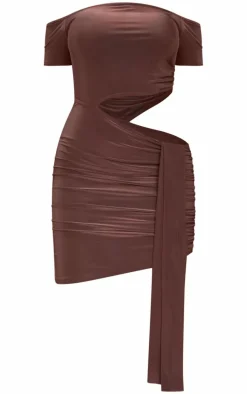 Chocolate Slinky Cut Out Ruched Mini Dress