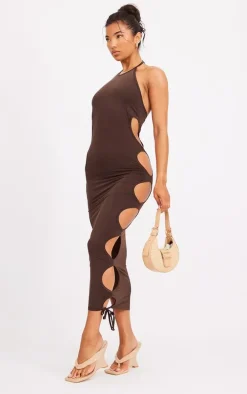 Chocolate Slinky Extreme Cut Out Halter Midaxi Dress