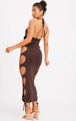 Chocolate Slinky Extreme Cut Out Halter Midaxi Dress
