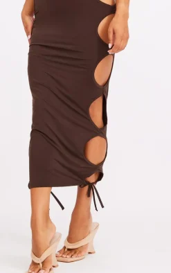 Chocolate Slinky Extreme Cut Out Halter Midaxi Dress