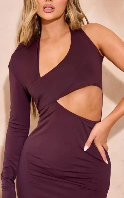 Chocolate Slinky Extreme Cut Out One Sleeve Mini Dress
