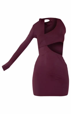 Chocolate Slinky Extreme Cut Out One Sleeve Mini Dress