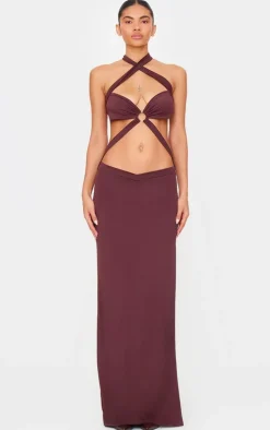 Chocolate Slinky Extreme Cut Out Ring Detail Cross Neck Maxi Dress