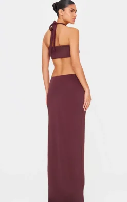 Chocolate Slinky Extreme Cut Out Ring Detail Cross Neck Maxi Dress