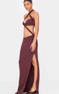 Chocolate Slinky Extreme Cut Out Ring Detail Cross Neck Maxi Dress