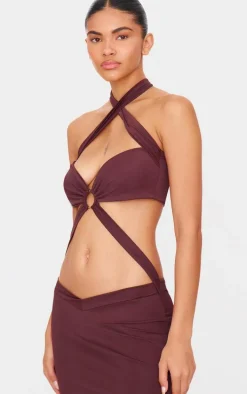 Chocolate Slinky Extreme Cut Out Ring Detail Cross Neck Maxi Dress