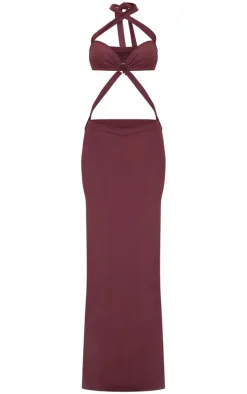 Chocolate Slinky Extreme Cut Out Ring Detail Cross Neck Maxi Dress