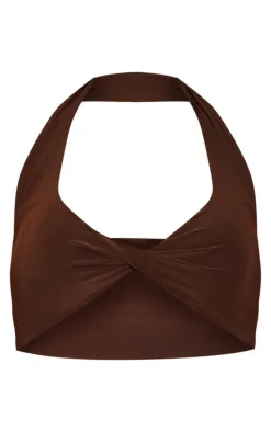 Chocolate Slinky Front Twist Halterneck Top