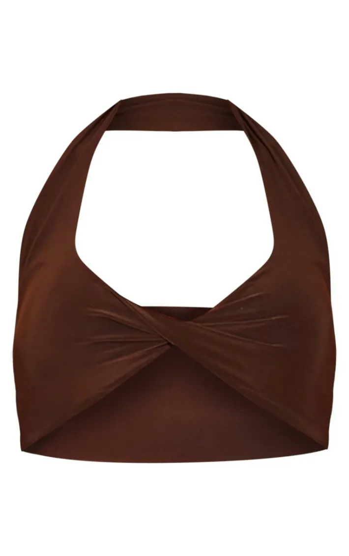 Chocolate Slinky Front Twist Halterneck Top