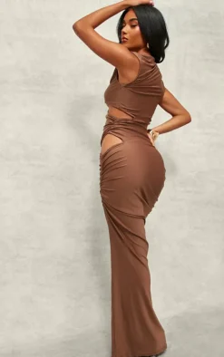 Chocolate Slinky High Neck Cut Out Maxi Dress