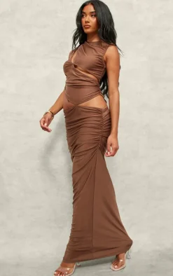 Chocolate Slinky High Neck Cut Out Maxi Dress