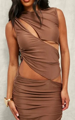 Chocolate Slinky High Neck Cut Out Maxi Dress