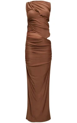 Chocolate Slinky High Neck Cut Out Maxi Dress