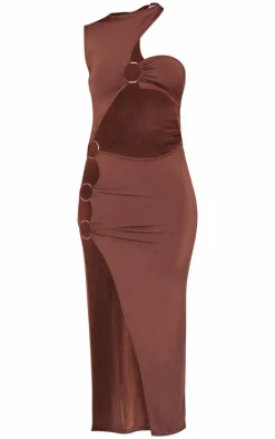 Chocolate Slinky High Neck Ring Detail Cut Out Midi Dress