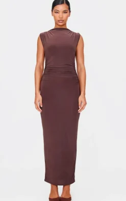 Chocolate Slinky High Neck Ruched Side Midaxi Dress