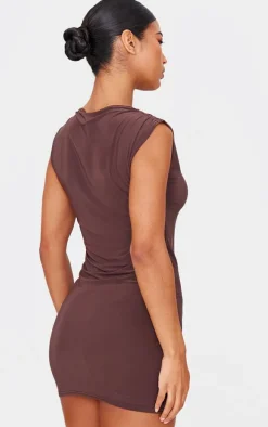 Chocolate Slinky High Neck Ruched Mini Dress