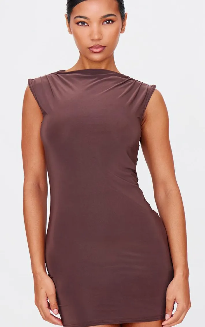 Chocolate Slinky High Neck Ruched Mini Dress